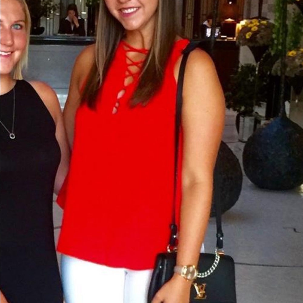 NORDSTROM red lace up blouse with v neck